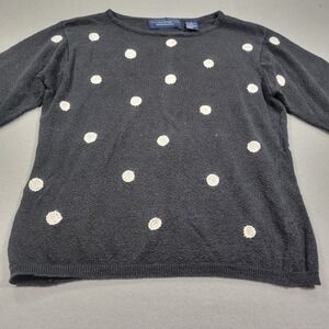 Vintage Catherine Stewart Knit Sweater Black White Polka Dot Embroidered Women M